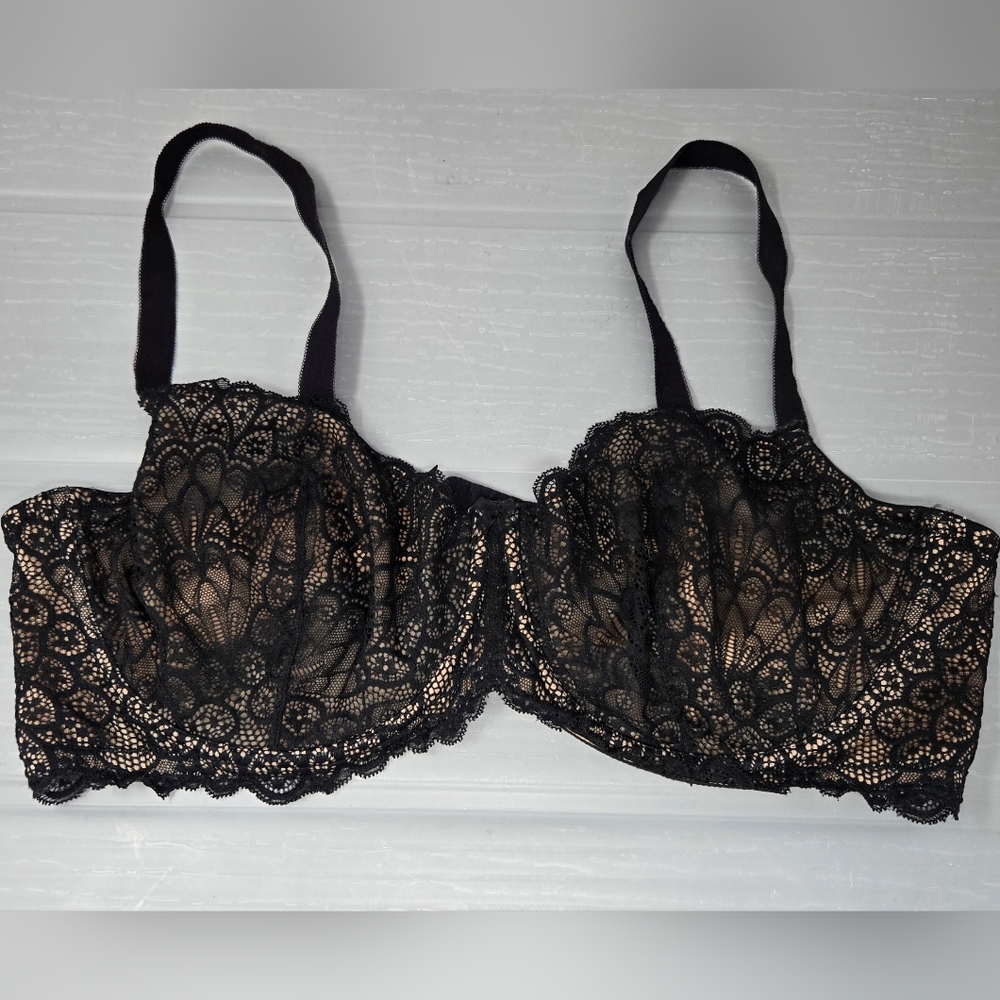 Torrid Curve Black Tan Lace Illusion Sheer Balconette Bra Size 44D